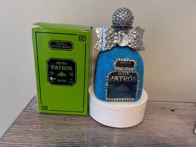 EMPTY PATRON GLITTER/RHINESTONE 375ML BOTTLE W/BOW